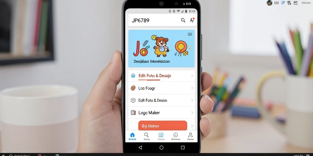 Tampilan antarmuka aplikasi JP6789 dengan berbagai fitur Logo Maker.