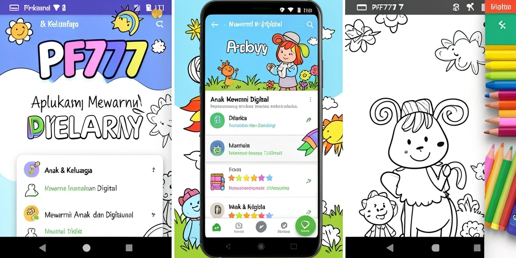 Antarmuka aplikasi PF777 dengan beragam gambar mewarnai.